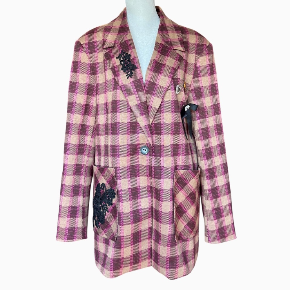Anthropologie Avec Les Filles‎ Plaid Pin Blazer Pink/Brown Blazer Sz XL - Picture 3 of 14
